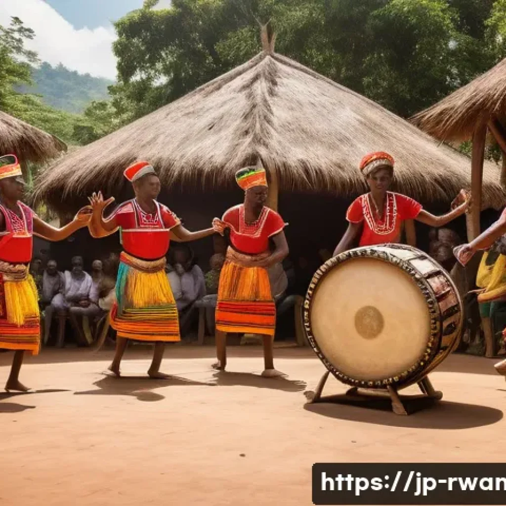 르완다의 전통 음악 공연 - A vibrant Rwandan traditional festival scene featuring a large Imbala drum at the center, surrounded...