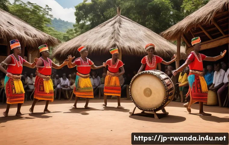 르완다의 전통 음악 공연 - A vibrant Rwandan traditional festival scene featuring a large Imbala drum at the center, surrounded...