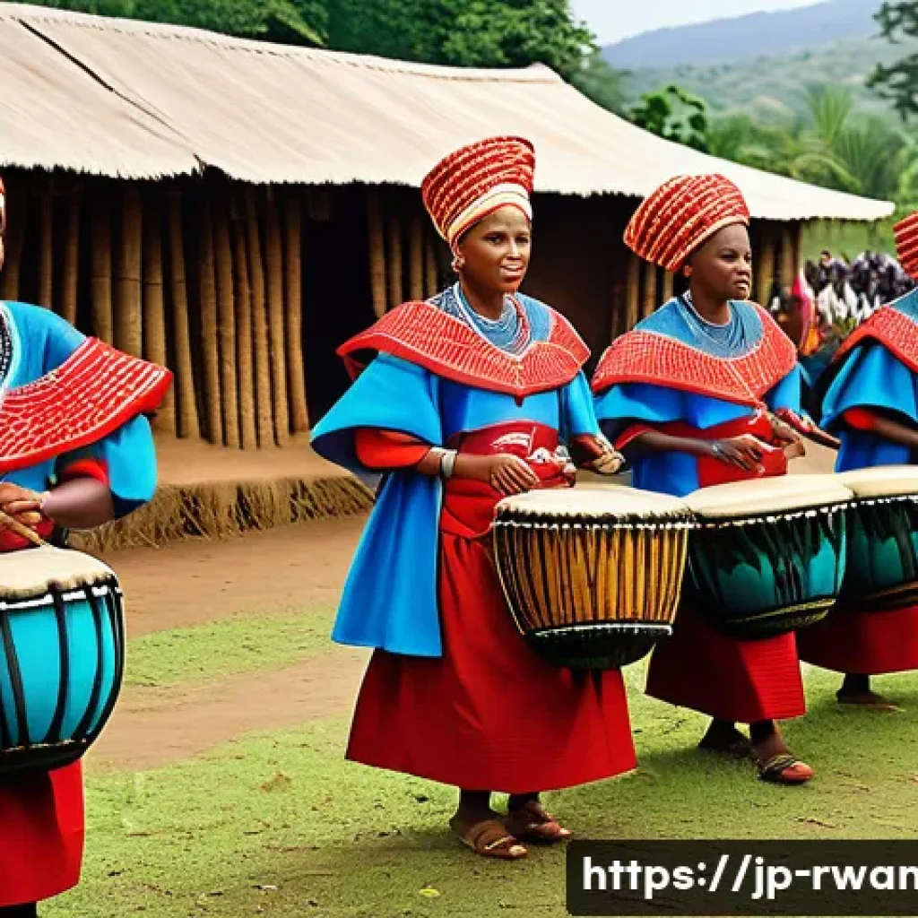 르완다 민속 음악의 글로벌 협력 사례 - A vibrant traditional Rwandan music festival scene featuring musicians playing the Ndegele (Ibombo) ...