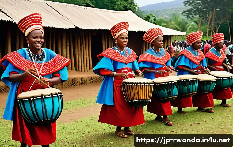 르완다 민속 음악의 글로벌 협력 사례 - A vibrant traditional Rwandan music festival scene featuring musicians playing the Ndegele (Ibombo) ...