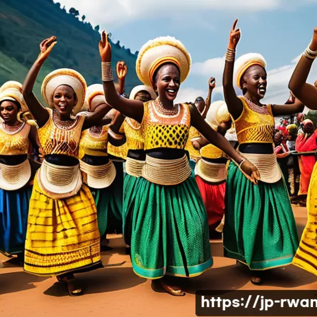 르완다 민속 춤의 주요 스타일과 특징 - A vibrant scene of traditional Rwandan dancers performing the Ibihéra style at a lively festival, fe...