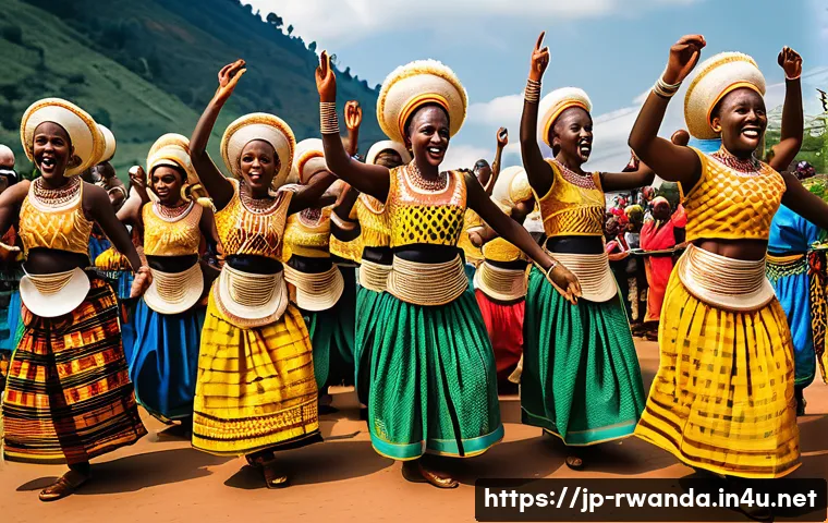 르완다 민속 춤의 주요 스타일과 특징 - A vibrant scene of traditional Rwandan dancers performing the Ibihéra style at a lively festival, fe...