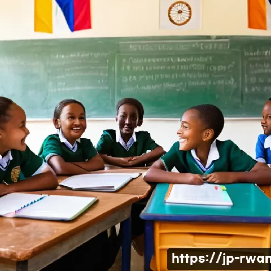 르완다 국제 학교 - A vibrant multicultural classroom scene in an international school in Rwanda, featuring children of ...