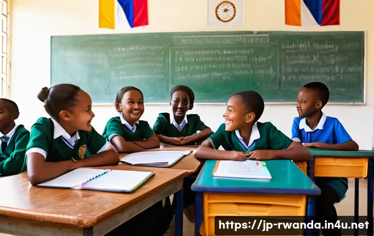 르완다 국제 학교 - A vibrant multicultural classroom scene in an international school in Rwanda, featuring children of ...
