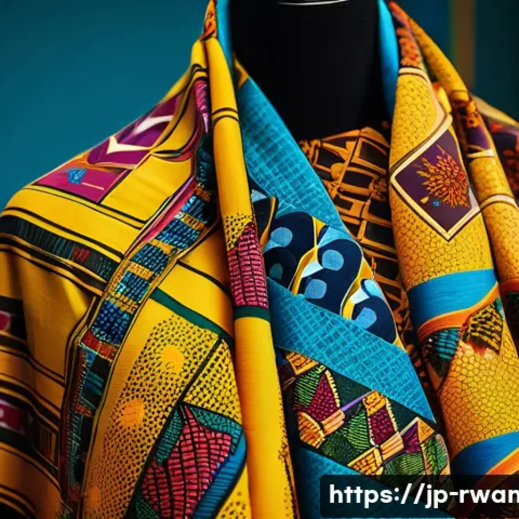 르완다 전통 직물의 국제적 인기 - A vibrant close-up of traditional Rwandan Ikitenge fabric draped elegantly on a mannequin wearing mo...
