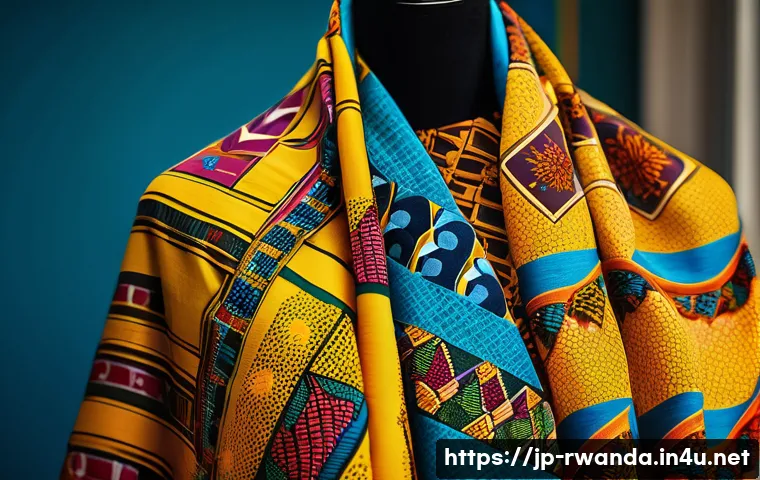 르완다 전통 직물의 국제적 인기 - A vibrant close-up of traditional Rwandan Ikitenge fabric draped elegantly on a mannequin wearing mo...