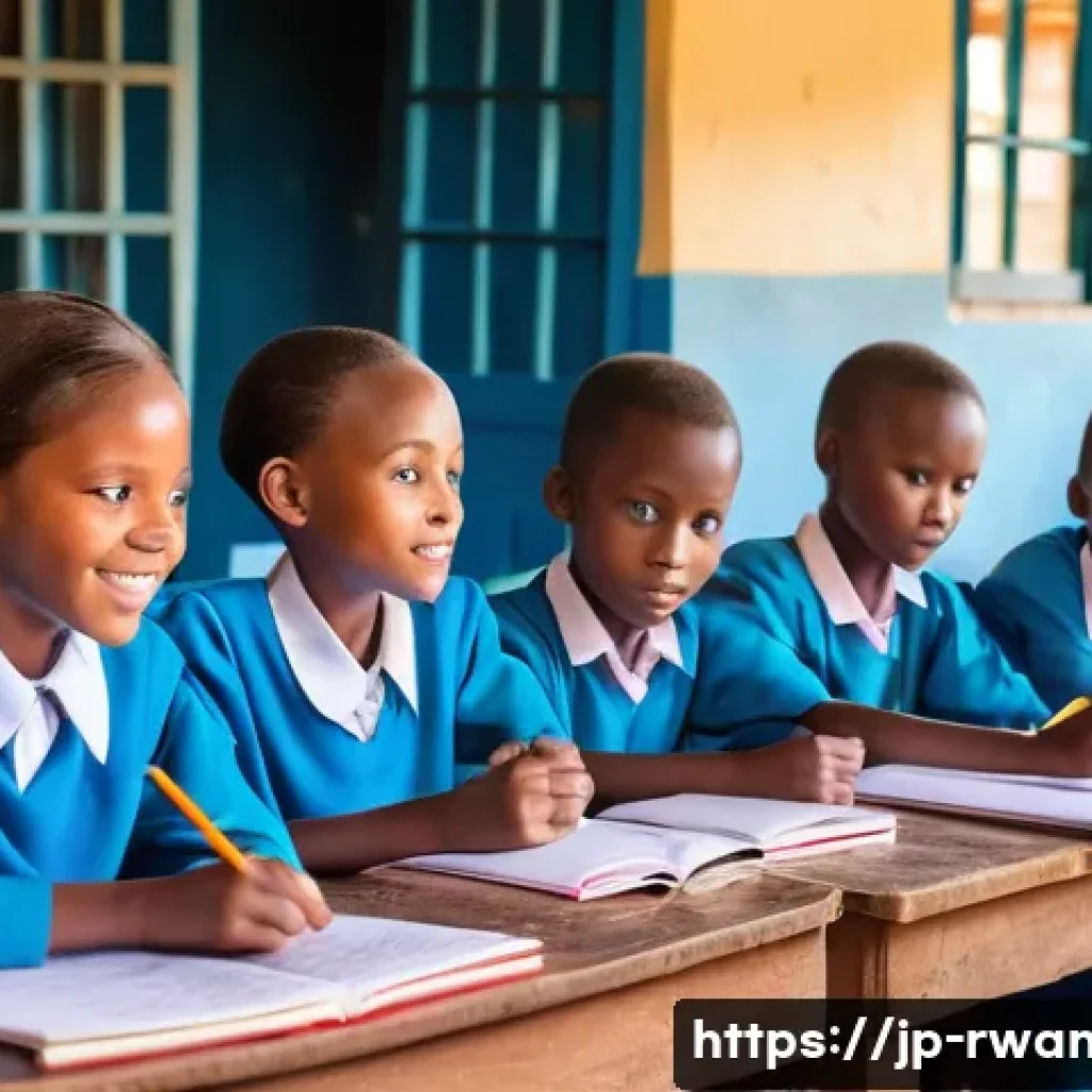 르완다 국제 개발 프로젝트 - A vibrant rural classroom scene in Rwanda featuring young schoolchildren attentively learning with a...