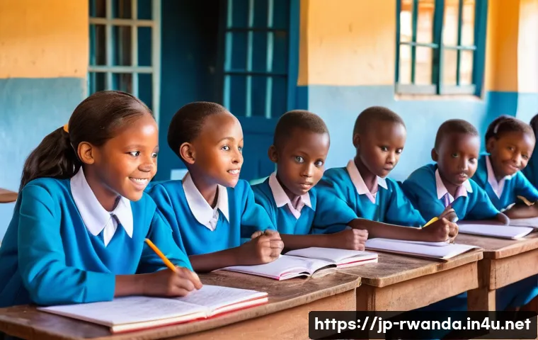 르완다 국제 개발 프로젝트 - A vibrant rural classroom scene in Rwanda featuring young schoolchildren attentively learning with a...