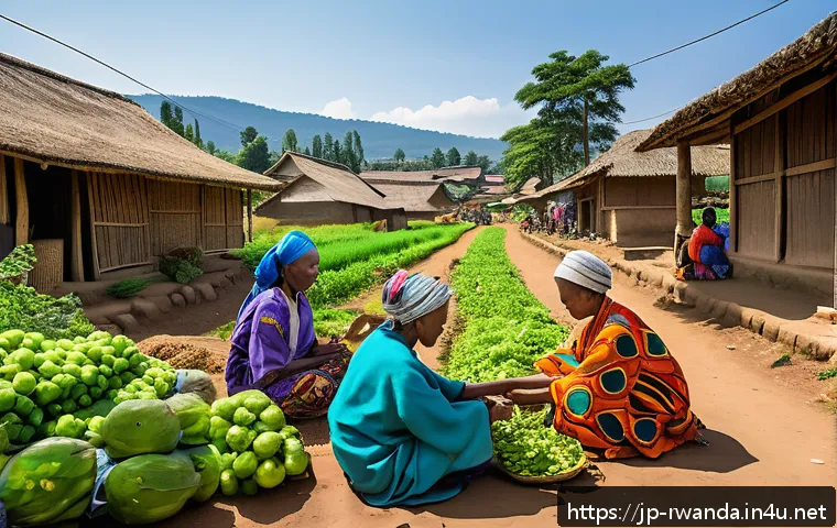 르완다에서의 지역 커뮤니티 경험 - A vibrant Rwandan rural community scene featuring multigenerational people collaborating outdoors du...