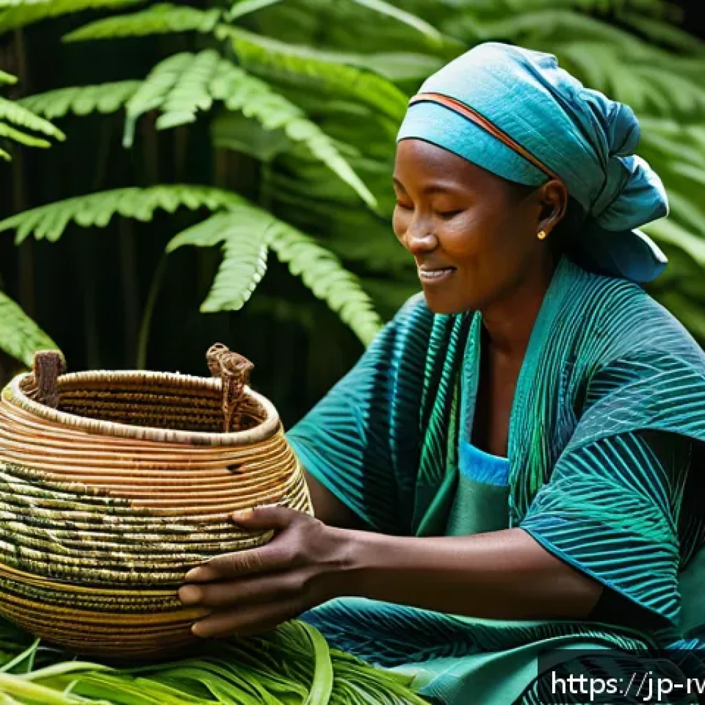 르완다에서의 전통 공예 체험 - A skilled Rwandan artisan weaving a traditional Agaseke basket made from fresh green fern leaves and...