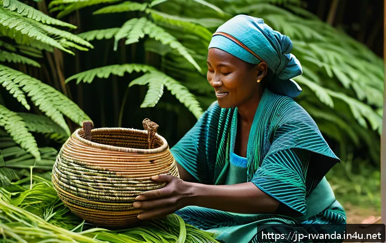 르완다에서의 전통 공예 체험 - A skilled Rwandan artisan weaving a traditional Agaseke basket made from fresh green fern leaves and...