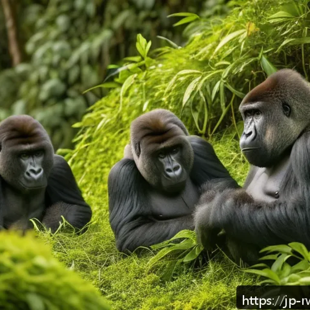 르완다에서의 사파리 투어 가이드 - A serene scene of a mountain gorilla family in Volcanoes National Park, Rwanda, captured during gold...