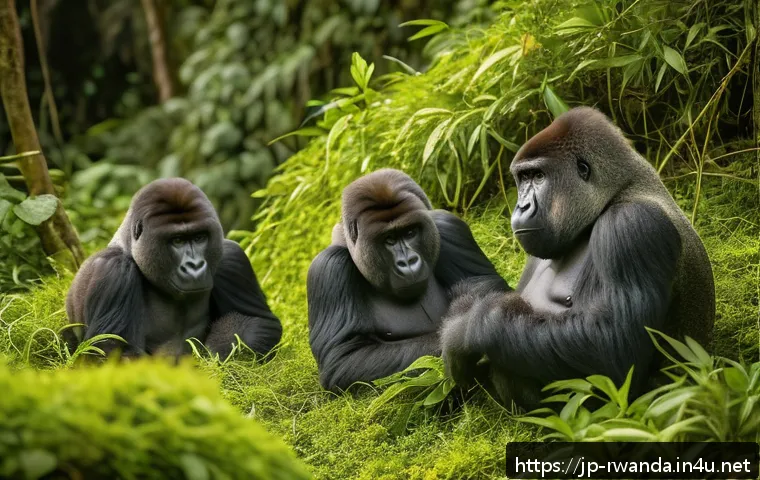 르완다에서의 사파리 투어 가이드 - A serene scene of a mountain gorilla family in Volcanoes National Park, Rwanda, captured during gold...