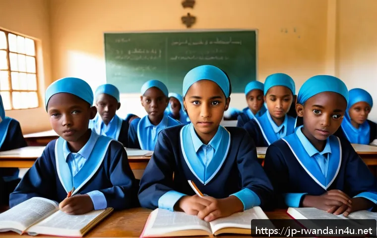 르완다의 주요 종교 학교 - A vibrant classroom scene in a Rwandan religious school showing diverse students wearing modest scho...
