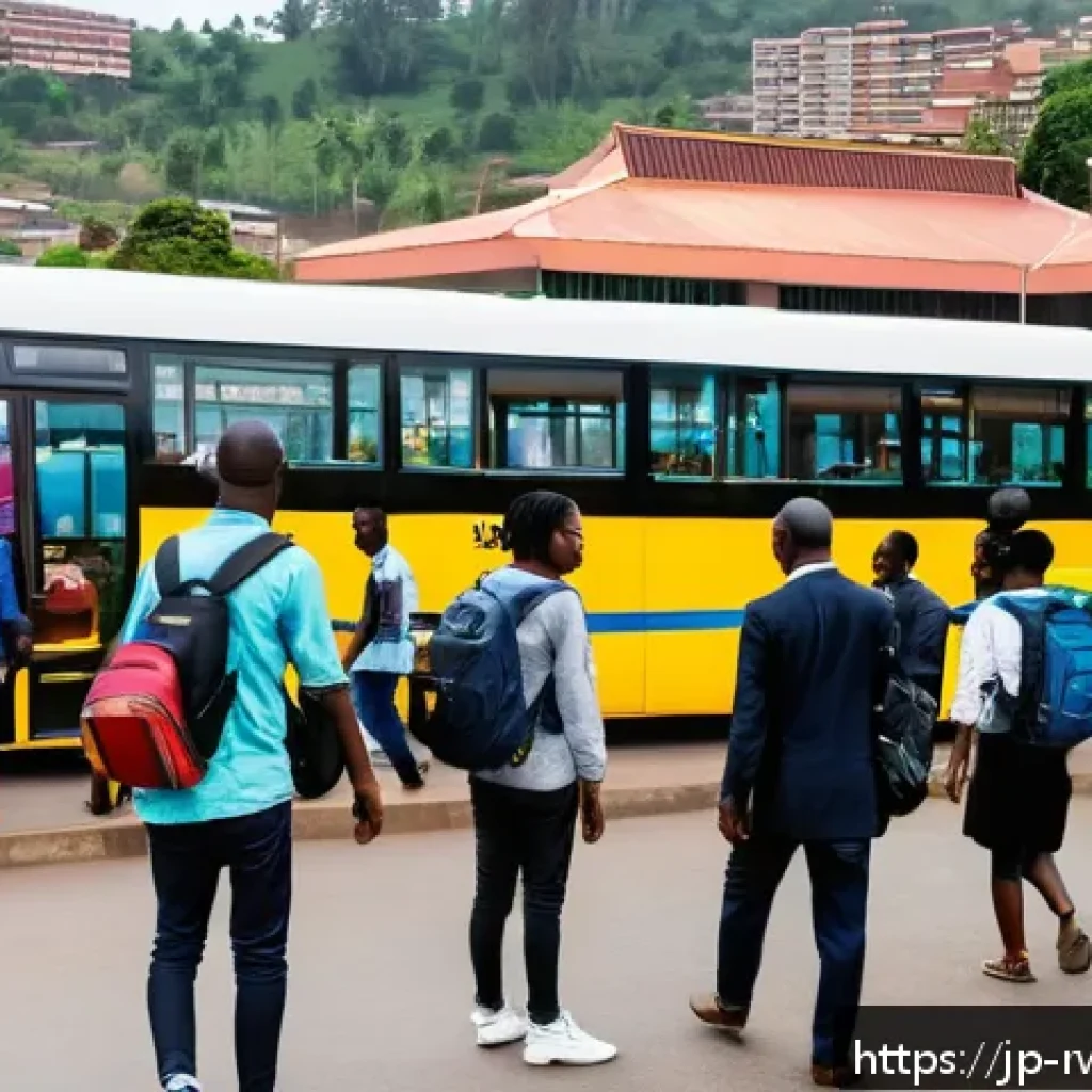 르완다 여행 안전 팁 - A bustling Kigali city bus terminal scene during daylight, showing diverse passengers including Japa...