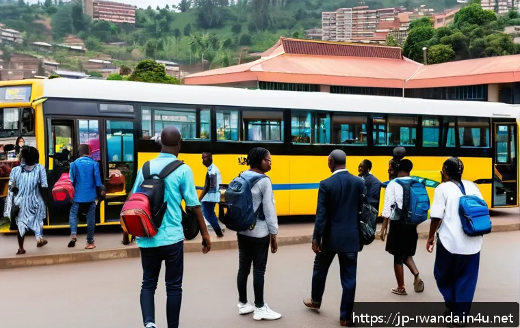 르완다 여행 안전 팁 - A bustling Kigali city bus terminal scene during daylight, showing diverse passengers including Japa...