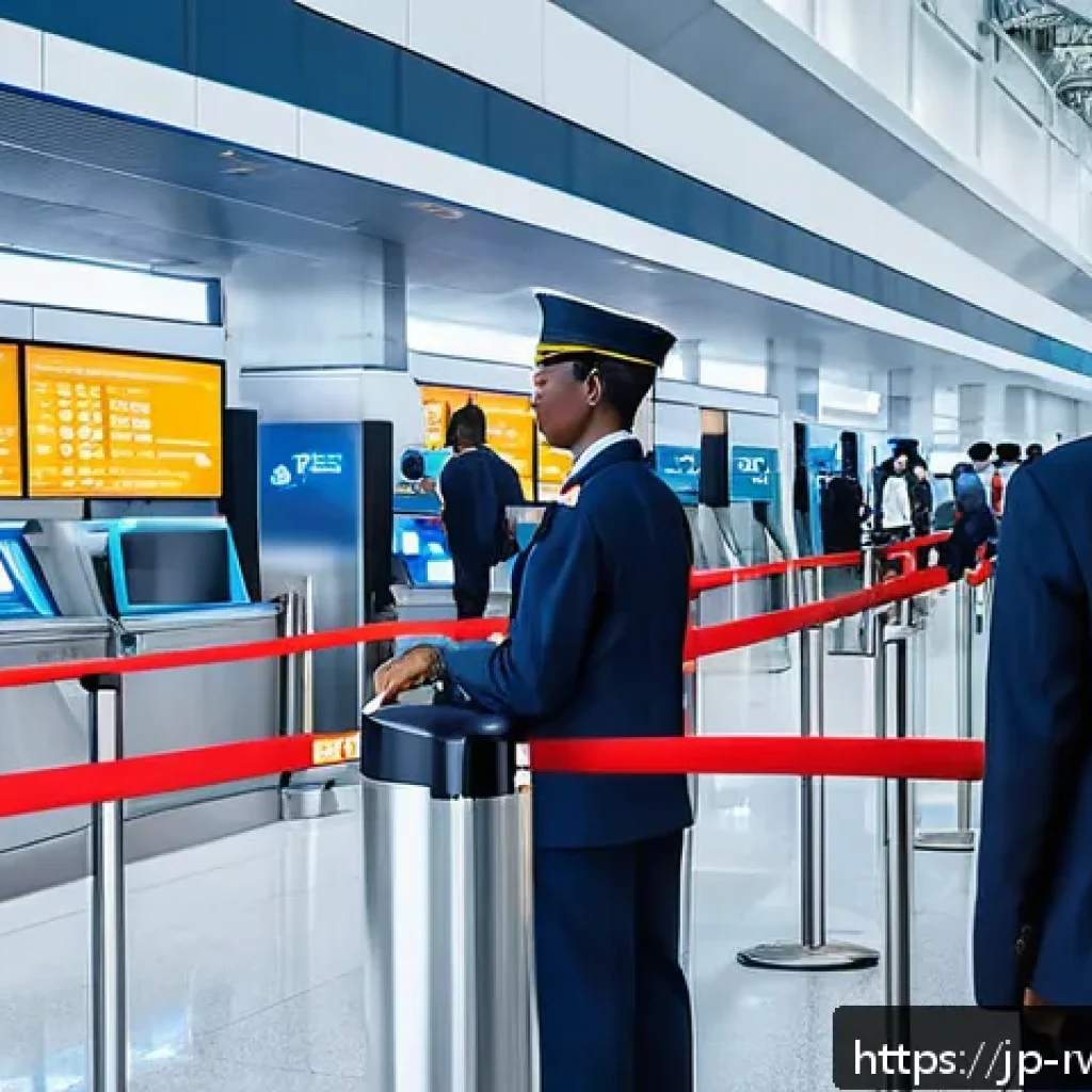 르완다의 주요 국제 공항 - A modern airport security checkpoint in Rwanda featuring advanced smart security systems, including ...