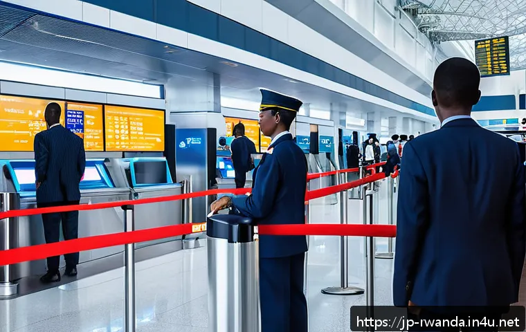 르완다의 주요 국제 공항 - A modern airport security checkpoint in Rwanda featuring advanced smart security systems, including ...
