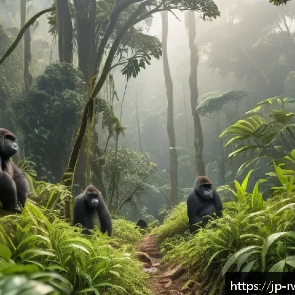 르완다 관광지 추천 - A lush tropical rainforest scene in Bwindi Impenetrable Forest National Park, Rwanda, featuring dens...
