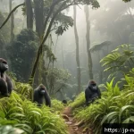 르완다 관광지 추천 - A lush tropical rainforest scene in Bwindi Impenetrable Forest National Park, Rwanda, featuring dens...