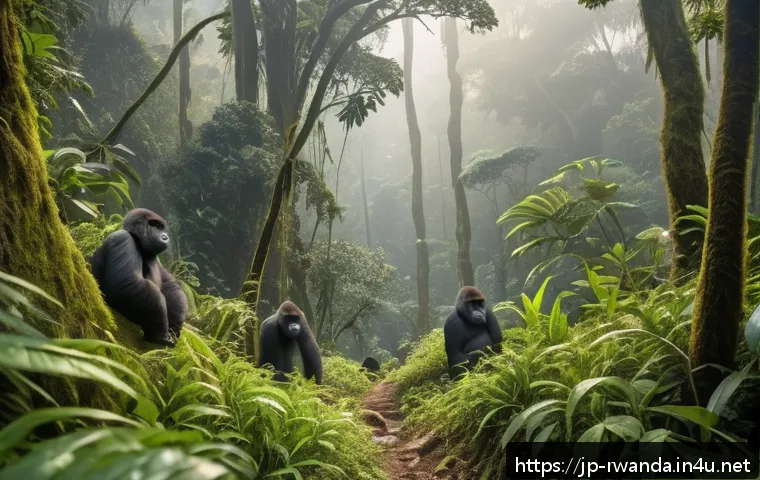 르완다 관광지 추천 - A lush tropical rainforest scene in Bwindi Impenetrable Forest National Park, Rwanda, featuring dens...