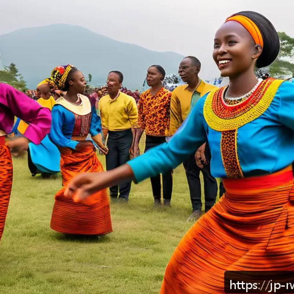 르완다 축제 및 행사 - A vibrant traditional Rwandan dance scene during a lively festival, featuring dancers in colorful, i...