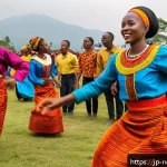 르완다 축제 및 행사 - A vibrant traditional Rwandan dance scene during a lively festival, featuring dancers in colorful, i...