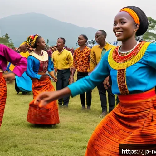 르완다 축제 및 행사 - A vibrant traditional Rwandan dance scene during a lively festival, featuring dancers in colorful, i...