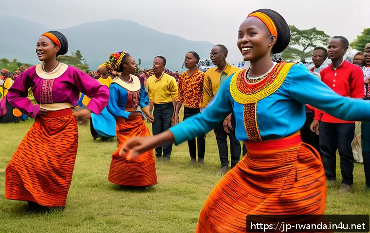 르완다 축제 및 행사 - A vibrant traditional Rwandan dance scene during a lively festival, featuring dancers in colorful, i...