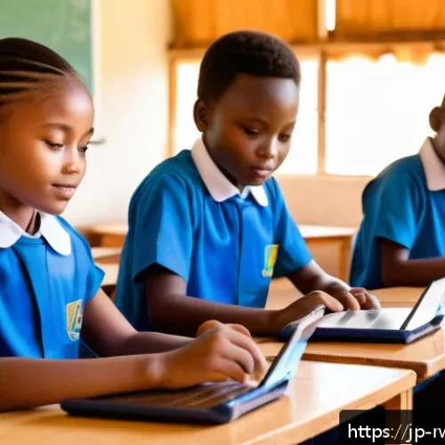 르완다 교육 정책 - A vibrant classroom scene in Rwanda featuring diverse elementary school children, each using their o...