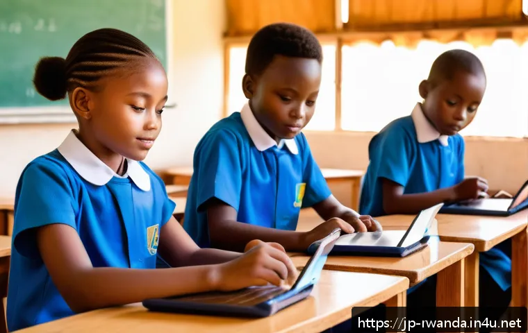 르완다 교육 정책 - A vibrant classroom scene in Rwanda featuring diverse elementary school children, each using their o...