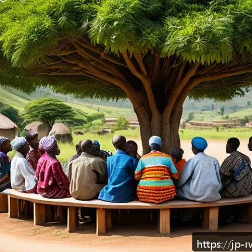 르완다와 주변국 갈등 - A vibrant community dialogue scene in a Rwandan village, showing diverse ethnic groups including Tut...