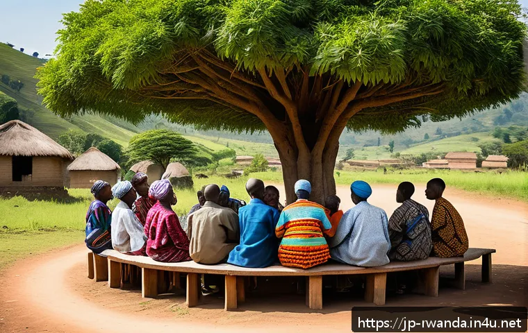 르완다와 주변국 갈등 - A vibrant community dialogue scene in a Rwandan village, showing diverse ethnic groups including Tut...