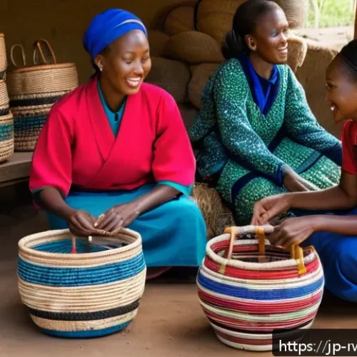 르완다의 문화 보존 노력 - A vibrant Rwandan community workshop scene showcasing skilled artisans weaving traditional baskets w...