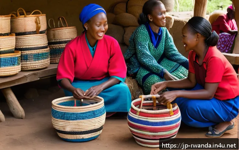 르완다의 문화 보존 노력 - A vibrant Rwandan community workshop scene showcasing skilled artisans weaving traditional baskets w...