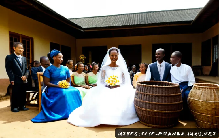 르완다 전통 결혼식 풍경 - Photorealistic Rwandan traditional wedding ceremony in a sunlit rural courtyard, bride and groom ful...