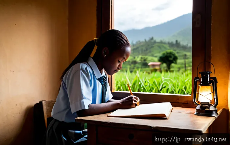 르완다의 주요 사회적 문제 - Photorealistic documentary-style scene in rural Rwanda, a determined teenage student in neat school ...