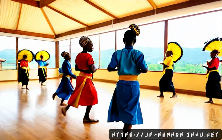르완다 민속 춤의 미래 전망 - Photorealistic documentary-style image of young Rwandan traditional dancers rehearsing an Intore-ins...