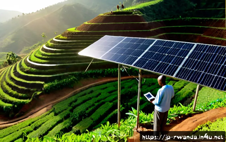 르완다의 최신 기술 도입 - Photorealistic scene of Rwandan agricultural technology adoption, a local farmer using a tablet besi...