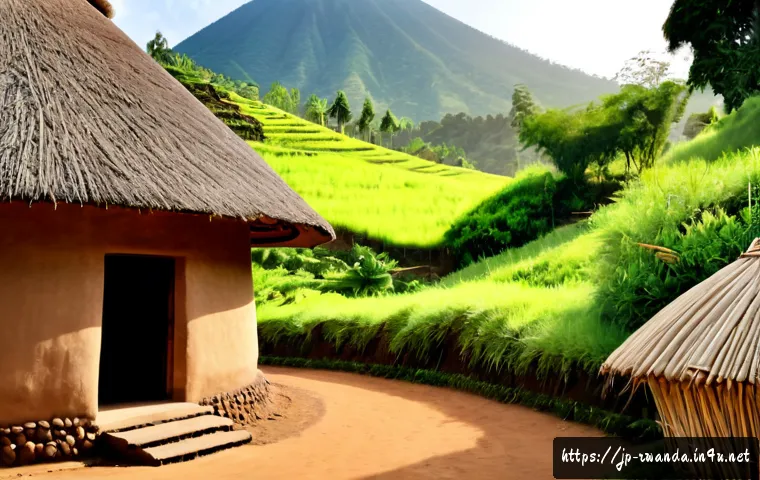 르완다의 전통 건축 기법 - Photorealistic rural Rwanda traditional architecture, a carefully built round earthen house with smo...