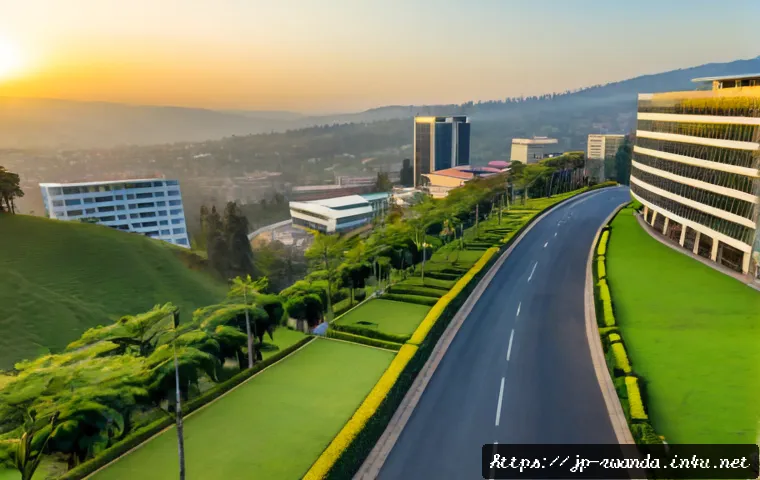 르완다의 비즈니스 허브 - Photorealistic Kigali business district at sunrise, modern glass office towers overlooking Rwanda’s ...