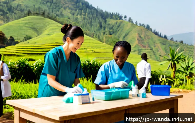 르완다와 국제 NGO 활동 - Photorealistic documentary-style scene in rural Rwanda, diverse local community health workers and i...