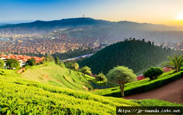 르완다 주요 지역 소개 - Photorealistic panoramic view of Kigali, Rwanda, seen from a green hillside at sunrise, modern low-r...